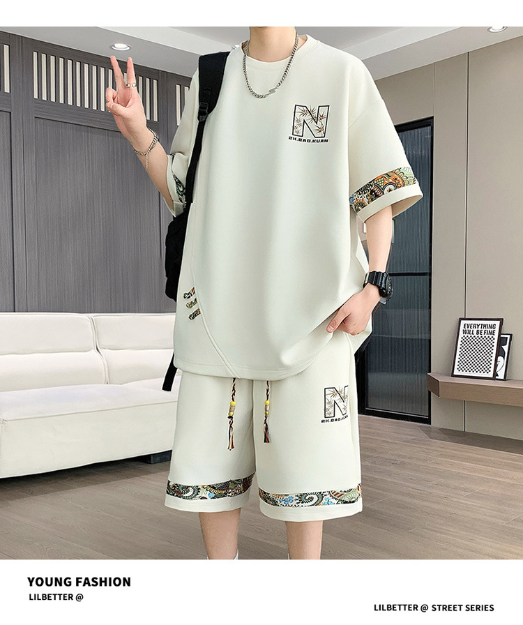 Men's Retro Embroidery Shorts Set - Fashionable Casual Short Sleeve And Shorts Outfit For Teens And Young Adults​_viptrois.com