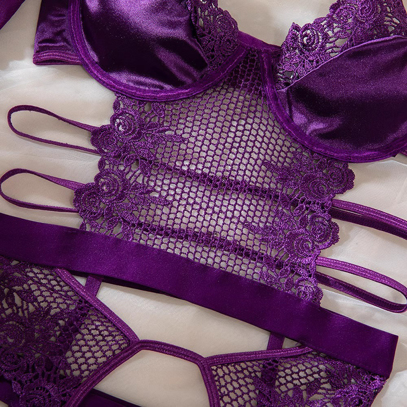 Purple Lace Underwire Jumpsuit Lingerie Set with Garters, Thong, Gloves and Stockings — detail image 21