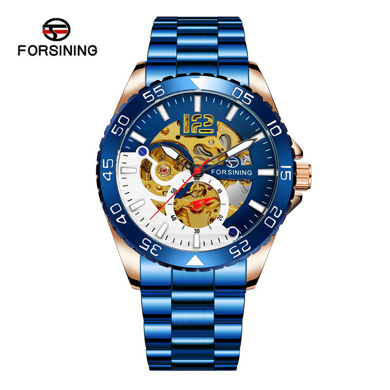 FORSINING8225 movimiento mecánico automático correa de acero puntero luminoso personalidad hueco fresco reloj los hombres
