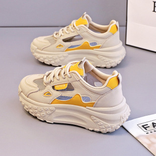 Thick-Soled 5cm Height-Increasing Hollow Breathable Summer Women's Shoes, Trendy Dad Shoes, Versatile Fashion Mesh Sports Casual Shoes