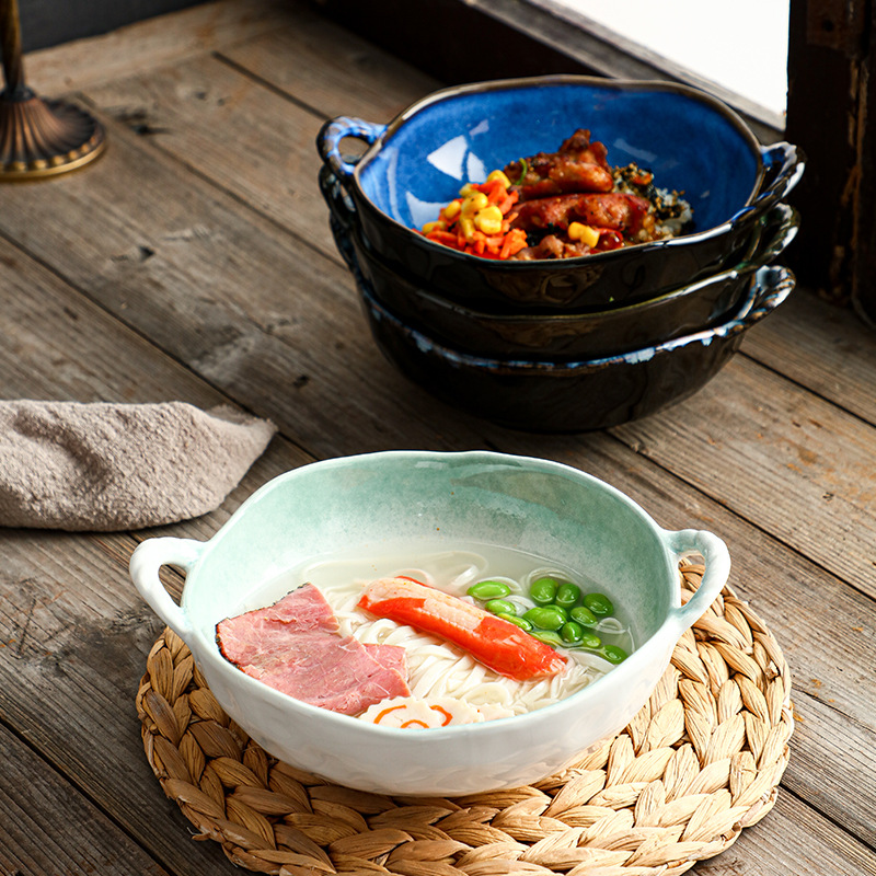 El horno para el hogar se convierte en un cuenco de cerámica con orejas, celebridades de Internet, estilo ins, cuenco de arroz de olla de piedra de estilo japonés retro, restaurante de hotel, cuenco de alto valor