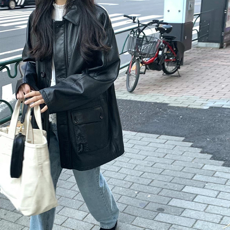 2024 spring new South Korea Dongdaemun retro lapel slimming mid-length zipper leather jacket coat for women