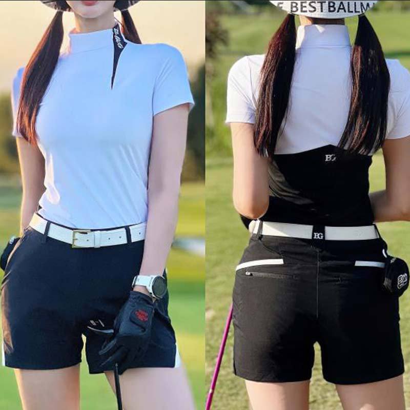 Golf Short-Sleeved T-Shirt Women's Slim-Fit Sports Top with Quick-Dry Shorts for Women in Black Wholesale