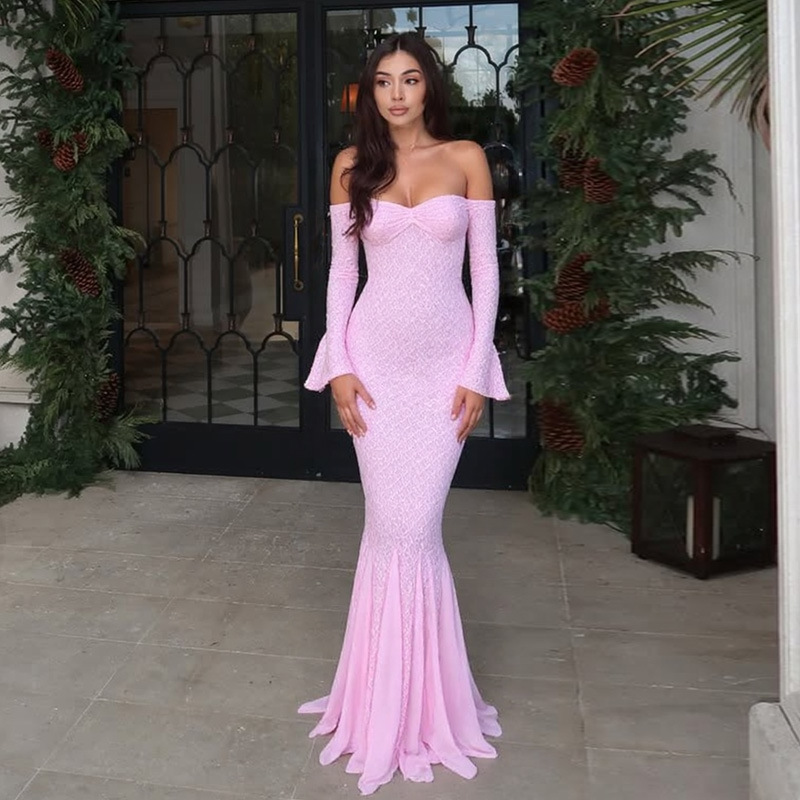 European and American Cross-Border New Dress Sexy Chest-Wrapped Lace Sleeves Slim Long Fashion Fishtail Evening Dress European and American Cross-Border New Dress Sexy Chest-Wrapped Lace Sleeves Slim Long Fashion Fishtail Evening Dress