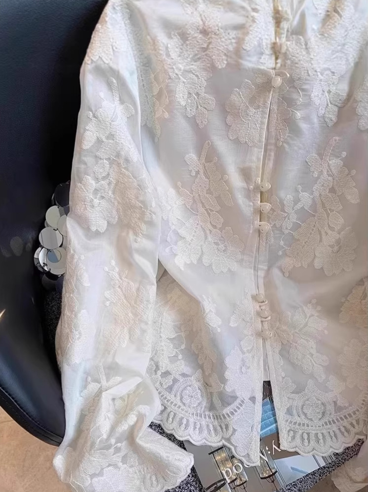Áo sơ mi ren trắng phong cách Trung Quốc mới, dáng rộng, tay ngắn, chống nắng mỏng mùa hè — Màu mơ ([phiên bản chống nắng một lớp])