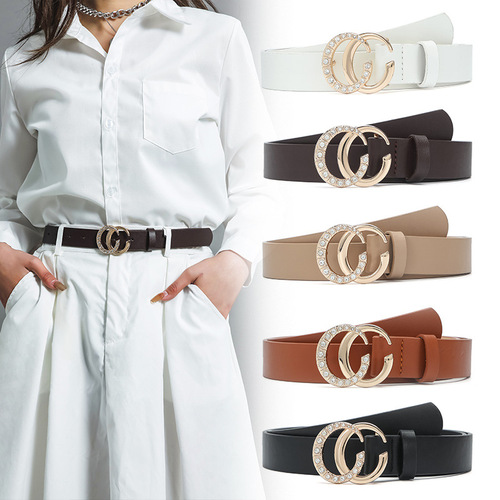 Double C diamond gold buckle retro decorative jeans women's belt versatile dress solid color belt women's fashion
