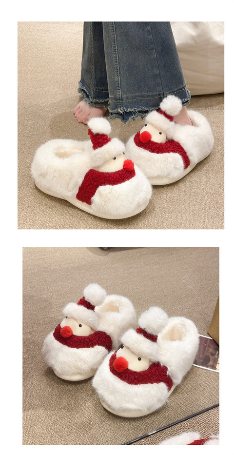 Süße Schneemann Weihnachten Baumwolle Hausschuhe Frauen Winter Indoor Hause Dicke Unterseite Cartoon Plüsch Ferse Warme Baumwolle Schuhe_voghion.com