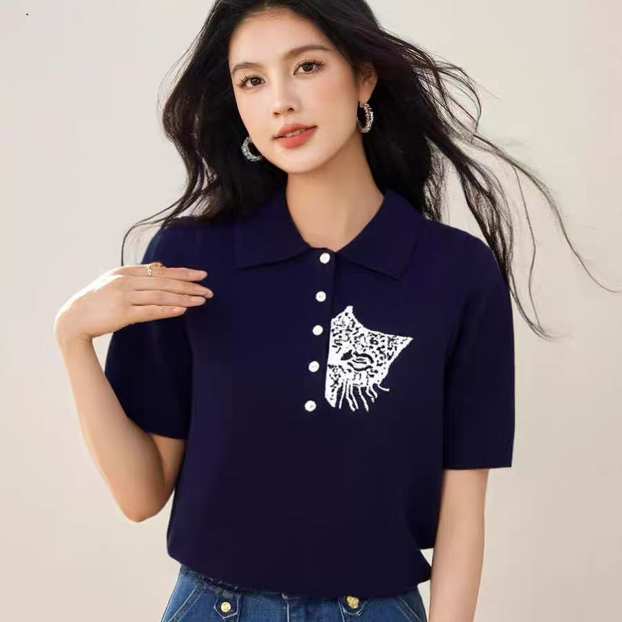 Áo thun polo nữ tay ngắn thêu họa tiết, phong cách Mỹ ôm body — màu xanh