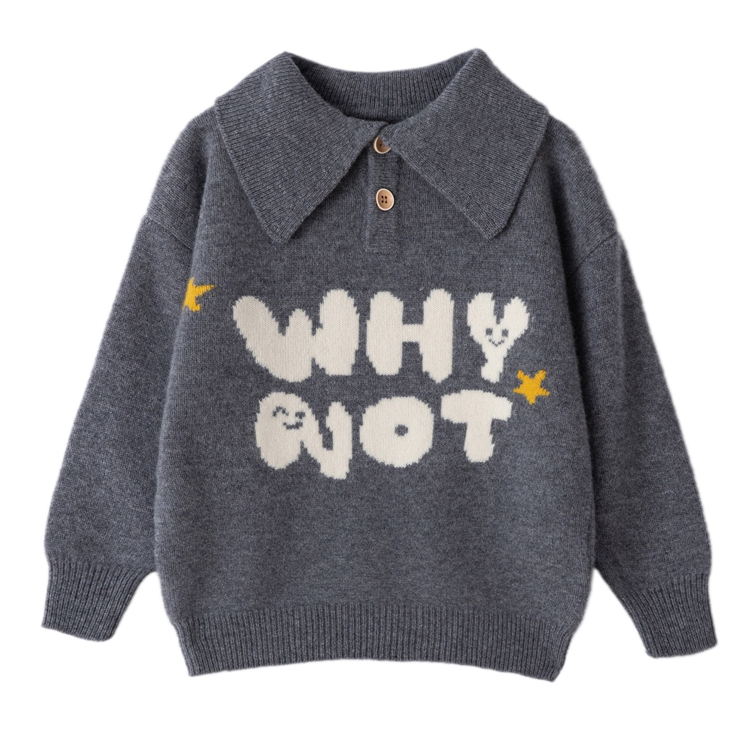 Children's Polo collar letter wool sweater, new autumn and winter style, dark gray, unisex, trendy knitted base layer for medium and large children.