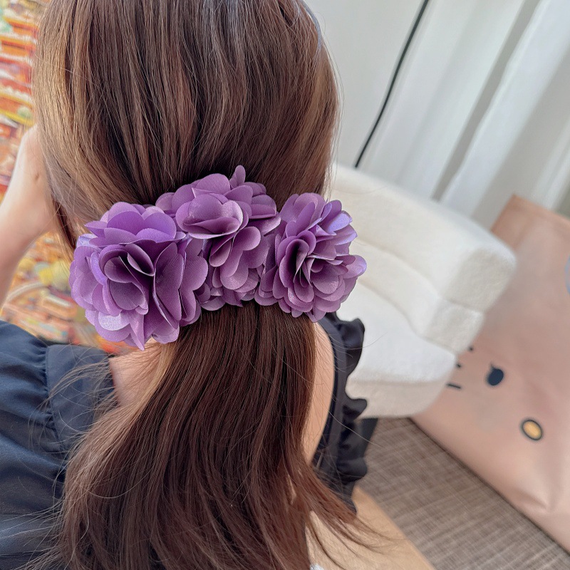 Vintage-geïnspireerde wijnrode bloemenbananenclip - elegante haaraccessoire voor vrouwen, boho-chic haarklem met oversized stoffen bloesem_voghion.com