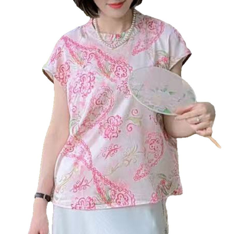 新しい中国風の女性の夏の新しいルーズでスリムなハイエンドジャカードサテンレトロな中国風のボタン付きトップ半袖|undefined