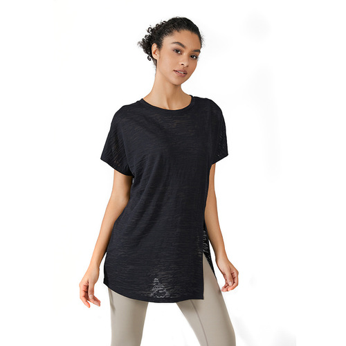 2024 spring and summer one-sided slit long-sleeved yoga blouse for women lightweight burnout sports top loose running fitness wear