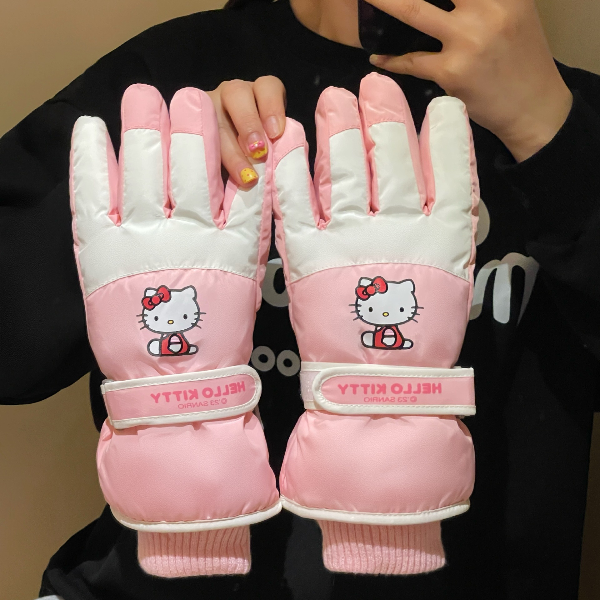 Guantes de esquí auténticos de invierno para mujeres gruesas hellokitty conducir guantes de algodón caliente pantalla táctil