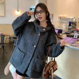 灰色羊毛大衣女秋冬季高级感加厚呢子韩系小个子短款连帽毛呢外套