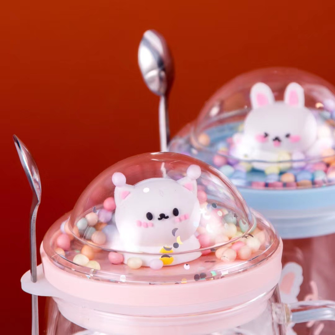 Creativo lindo cristal transparente paisaje conejo gato dibujos animados personalidad taza con tapa cuchara lindo beber taza leche taza de té