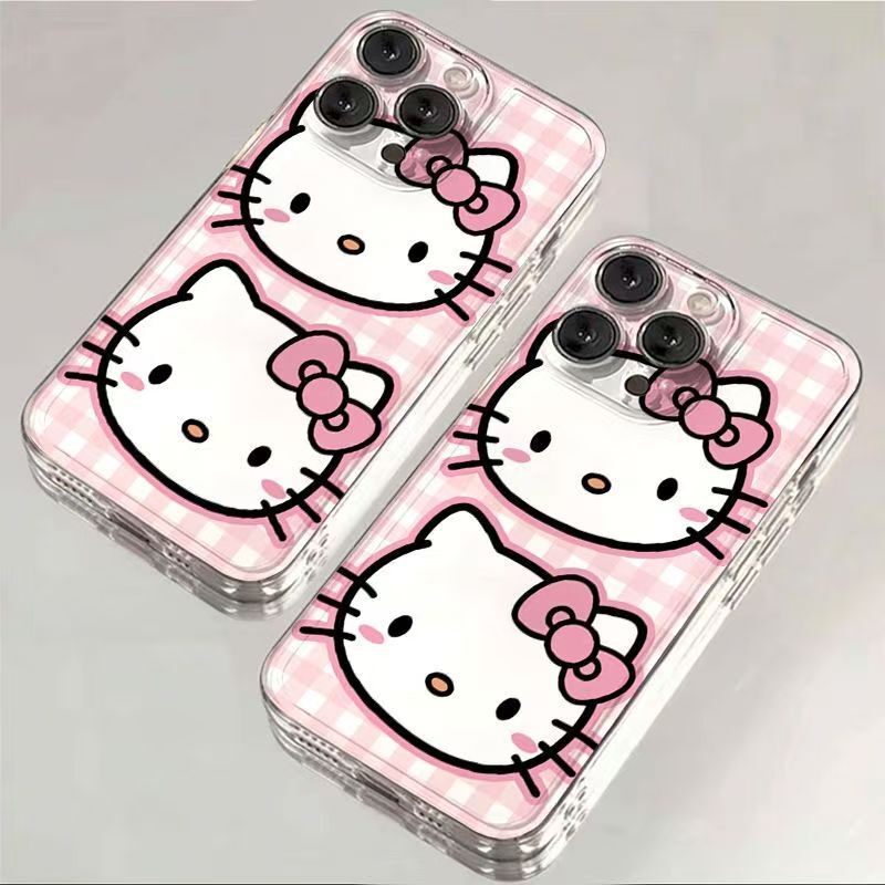 Pink Plaid Hello Kitty Iphone15 Apple Cartoon Phone Case 14Promax Classy 13Pro Anti-Fall 12/11