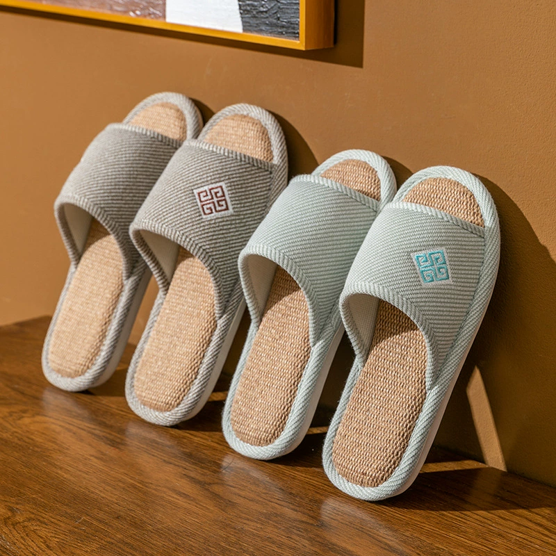 Льняные удобные тапочки для дома для пары, домашние четырехсезонные напольные домашние тканевые противоскользящие льняные тапочки на толстой подошве