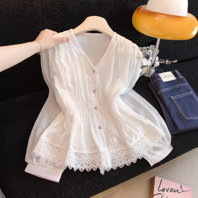 Liange Xuan 26 French-Style Chic and Beautiful White V-Neck Puff Sleeve Blouse for Women, Spring Waist-Cinching Long-Sleeve Shirt Top