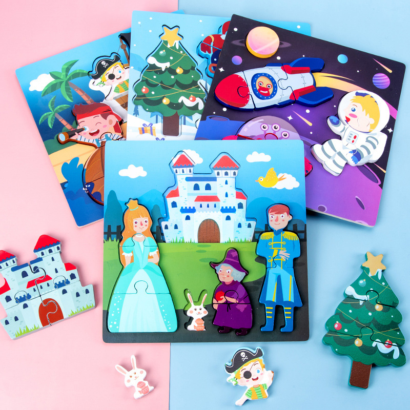 Hebilla tridimensional 3D Princesa Príncipe tema rompecabezas educación temprana de los niños rompecabezas de madera de juguete al por mayor 61 regalo