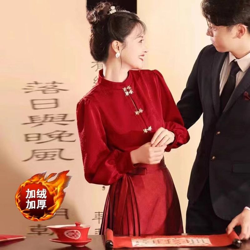 大码胖mm红色马面裙敬酒服秋冬加绒厚新娘中式订婚礼服套装200斤|undefined
