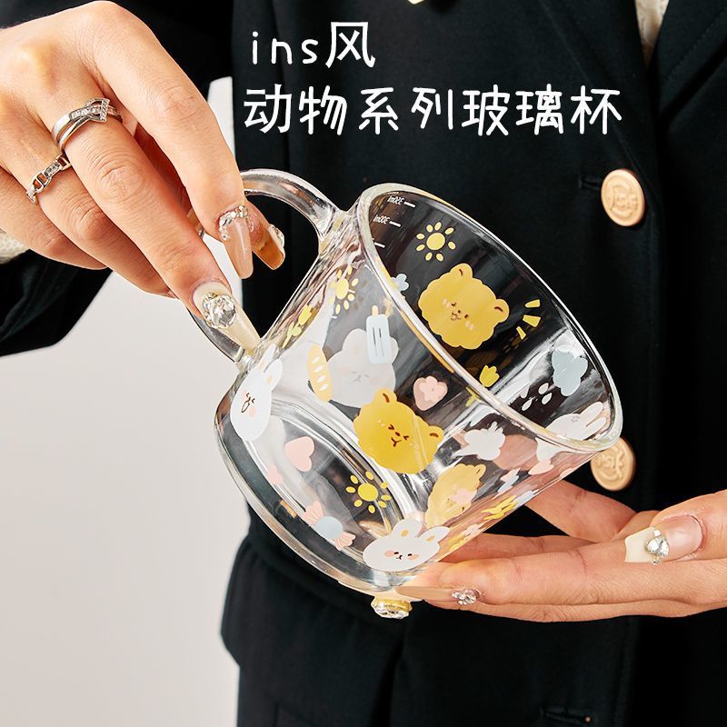 女生可爱卡通小熊玻璃杯ins高颜值防烫牛奶饮料咖啡果汁喝水杯子