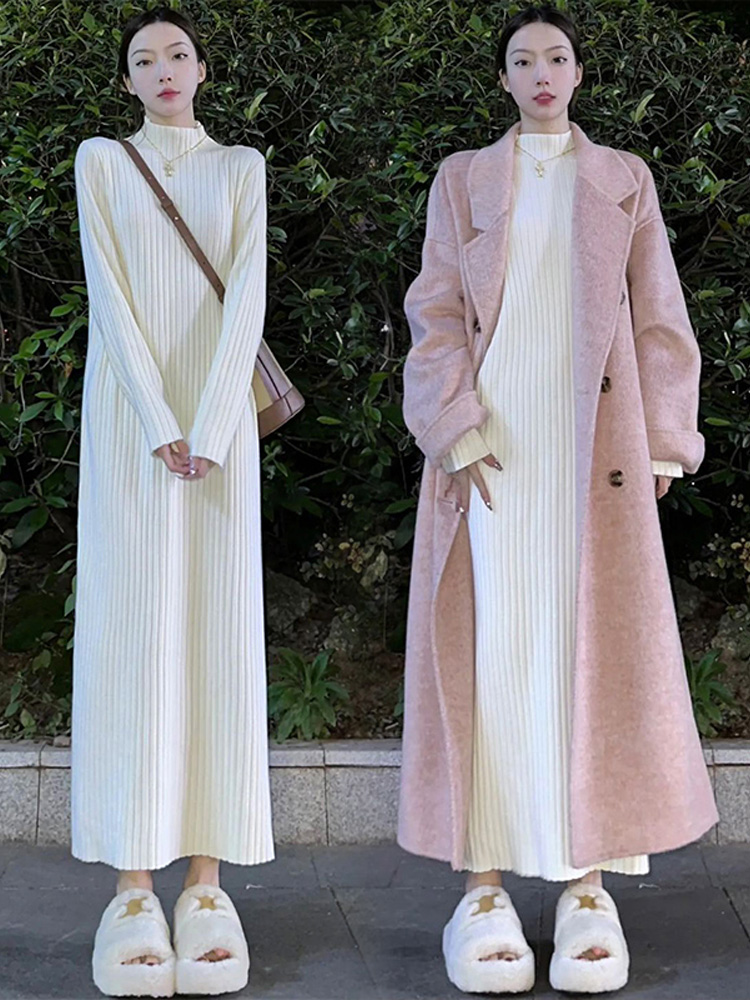 针织连衣裙子女白色打底长裙2025新款百搭秋冬大衣内搭长款毛衣裙