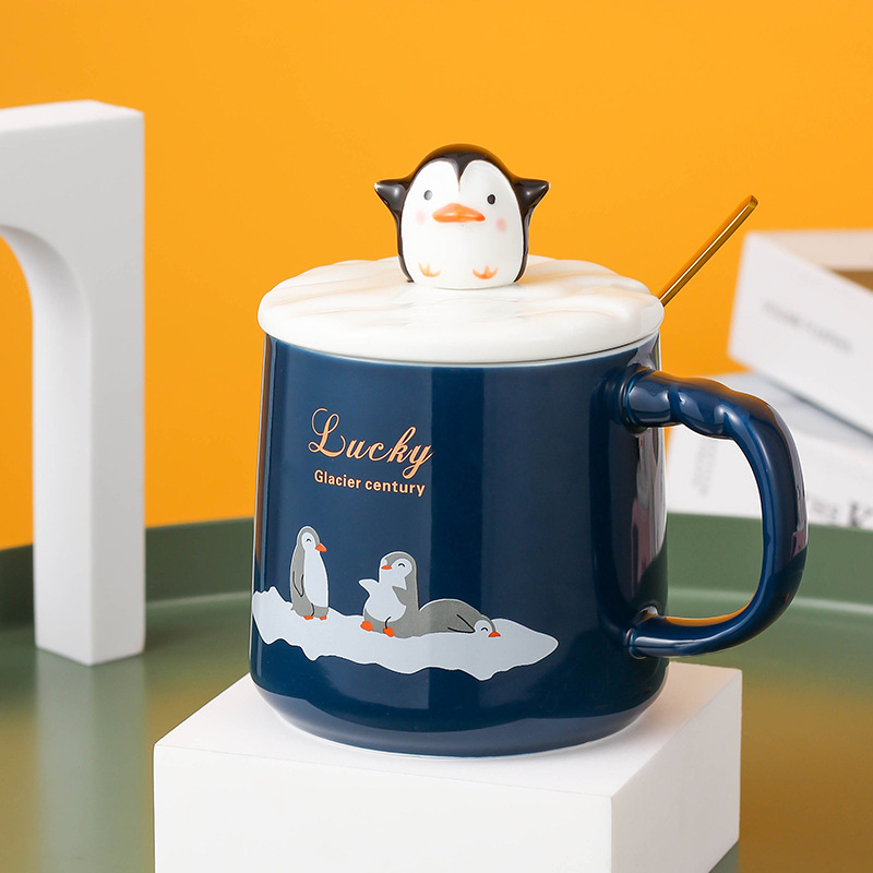 Creativo lindo pingüino Taza de cerámica de dibujos animados pareja taza de café con tapa cuchara estudiante resistente al calor taza de agua