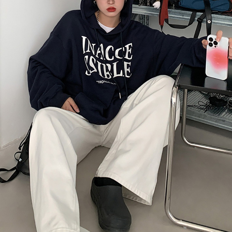 Sudadera con capucha de cinco paneles con estampado de cangrejo y forro polar para mujer, chaqueta holgada de moda coreana con estampado de letras para otoño e invierno, top de manga larga para estudiantes.