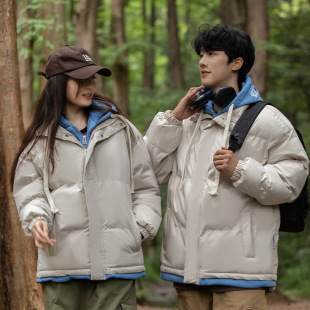 2023 Winter Cotton-padded Coat Thickened Warm Fake Two-piece Cotton-padded Coat Loose Couple Hooded Bread Suit Solid Color Cotton-padded Coat