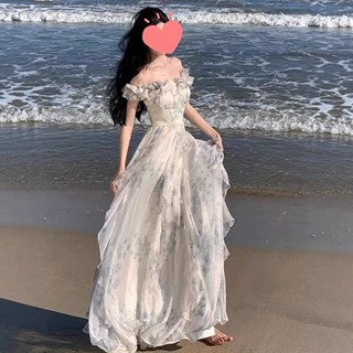 海边度假风吊带裙纱法式荷叶边沙滩连衣裙氛围感长裙飘逸仙女范