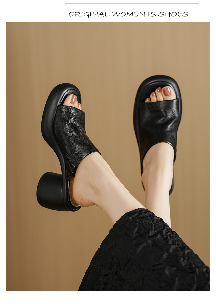 Sandal cao gót nữ hở mũi quai ngang da dê thật, gót 7 cm — đen chi tiết 7