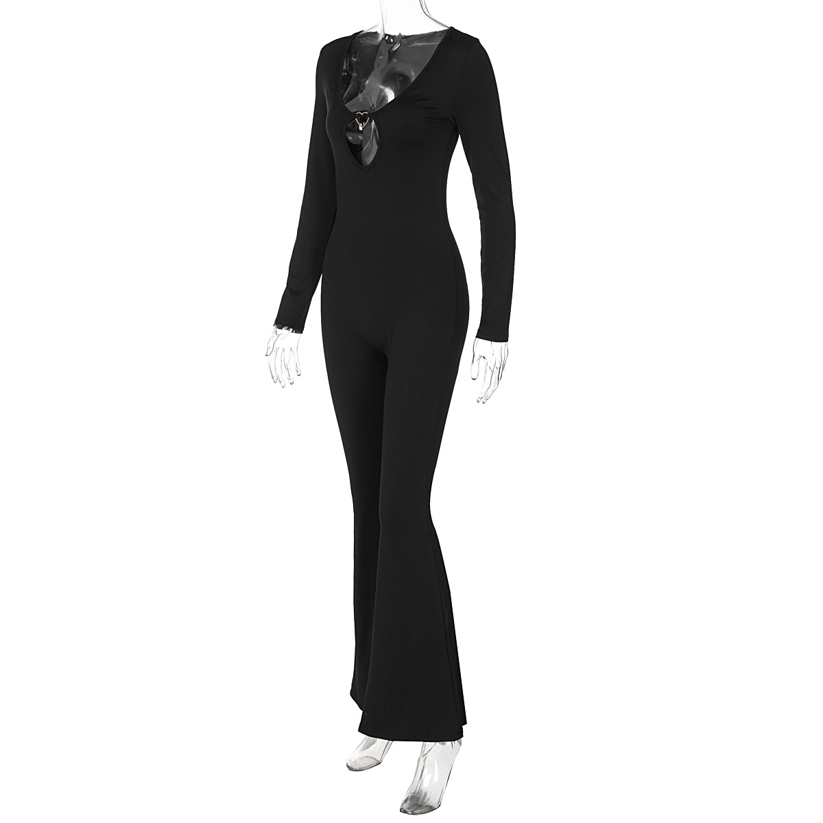 Women Clothing Autumn Solid Color Long Sleeve Flared Pants V Neck Skinny Jumpsuit Women