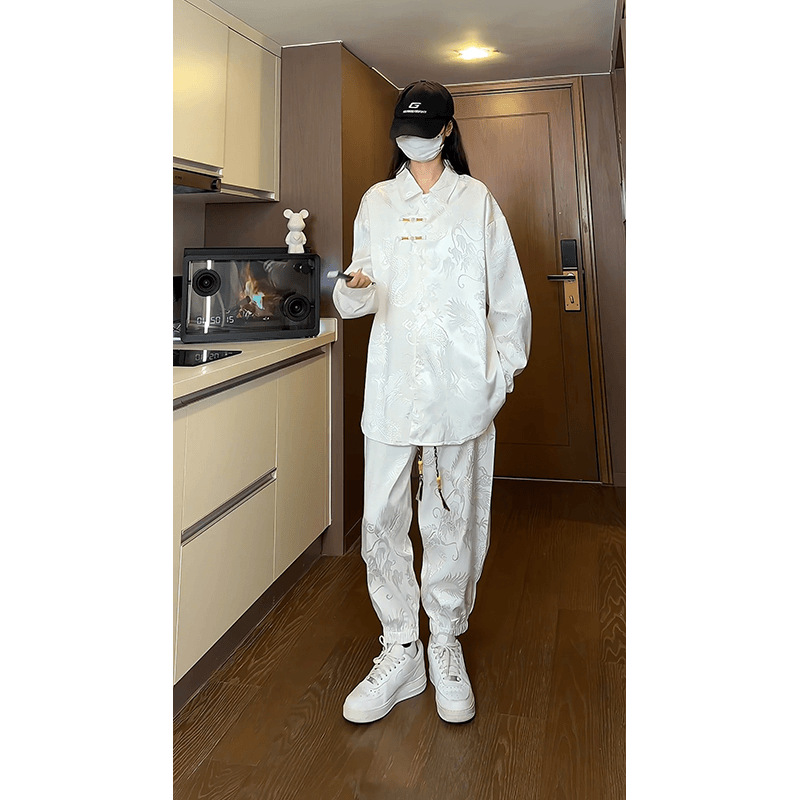 남성 새로운 중국 스타일 국가 스타일 드래곤 패턴 자카드 버튼 셔츠 남성과 여성을위한 가을 하이 엔드 느낌 새로운 스타일 잘 생긴 느슨한 캐주얼 커버