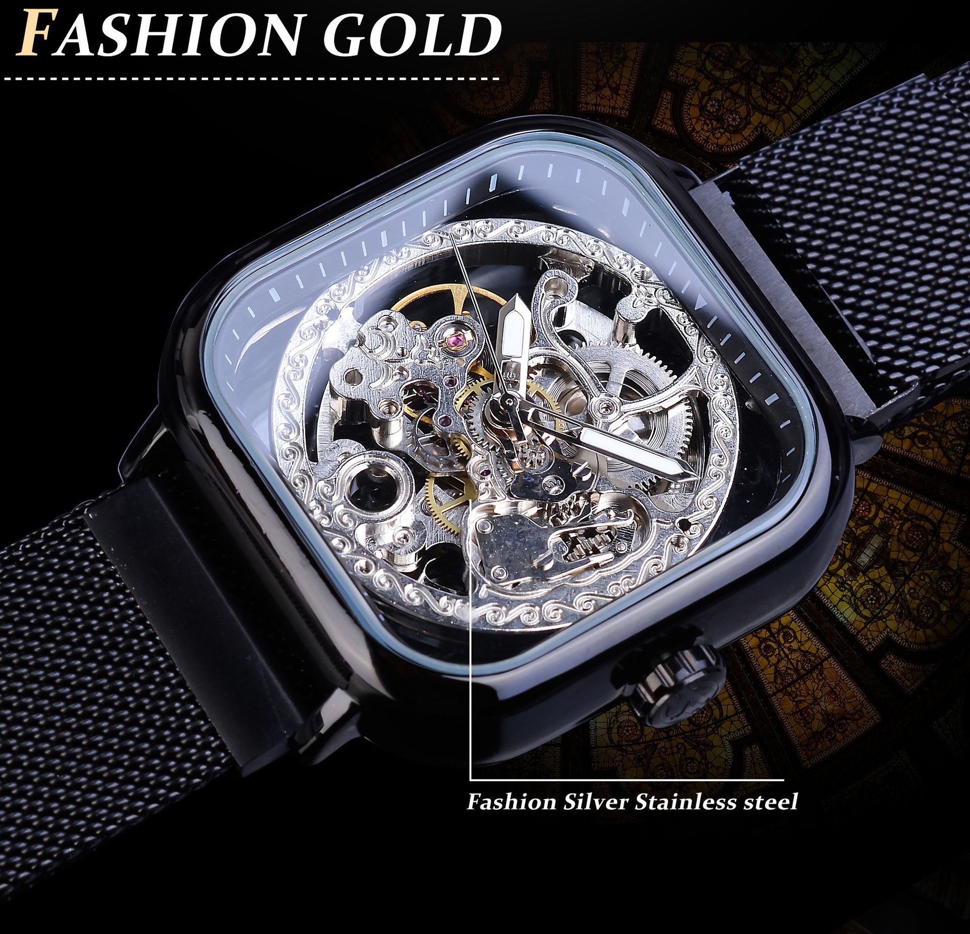 Forsing Hollow Men's Fully Automatic Mechanical Watch Square Dial Mesh Band Watch_voghion.com