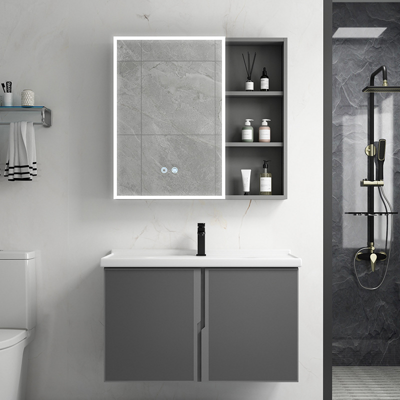 Mueble de baño de aluminio de espacio moderno simple montado en la pared lavabo gabinete combinación piscina hogar excelente cerámica roca placa cuenca integrada