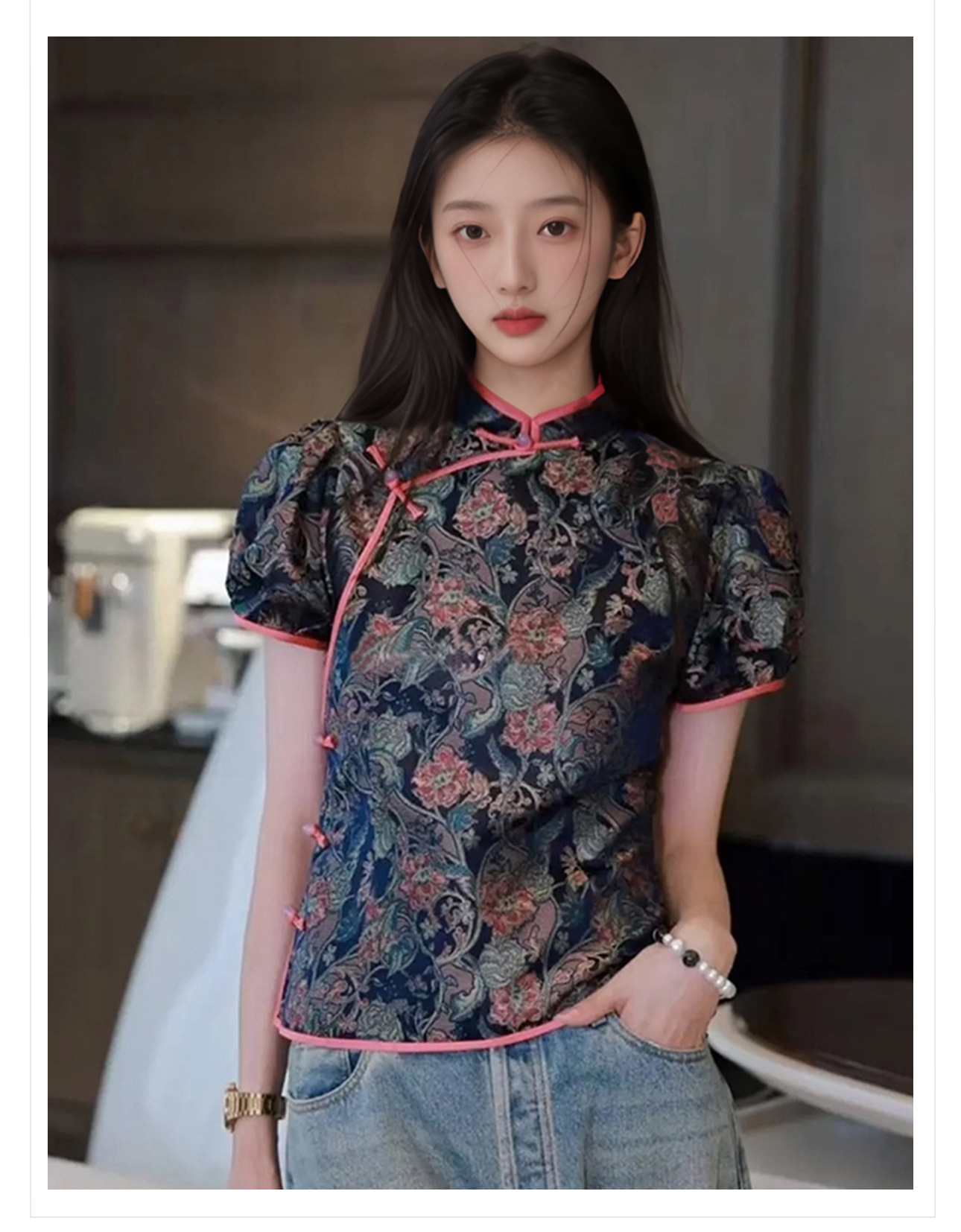 Áo sơ mi nữ cổ đứng tay bồng thêu họa tiết jacquard phong cách Trung Hoa mới — Hồng đào chi tiết 3