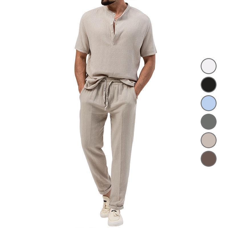 Men's Casual 3-Piece Outfit, Short Sleeve T-Shirt & Shirt With Trousers, Solid Color Summer Lounge Set_viptrois.com