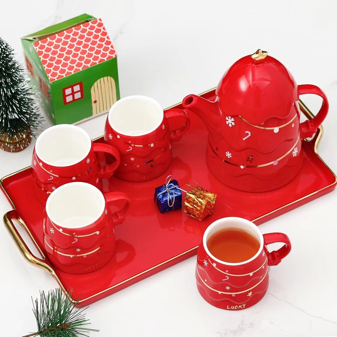 Estilo nórdico de cerámica personalizada árbol de Navidad juego de agua traje de regalo perfumado té botella de agua fría con bandeja de taza combinación