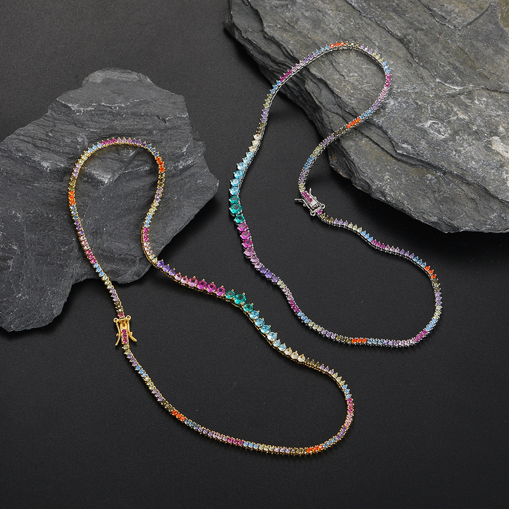 Necklace Classification Copper Chain Material Three-Claw Gradient Color Zircon Tennis Necklace New Trendy Unique Chain Hip Hop Style Style Twin