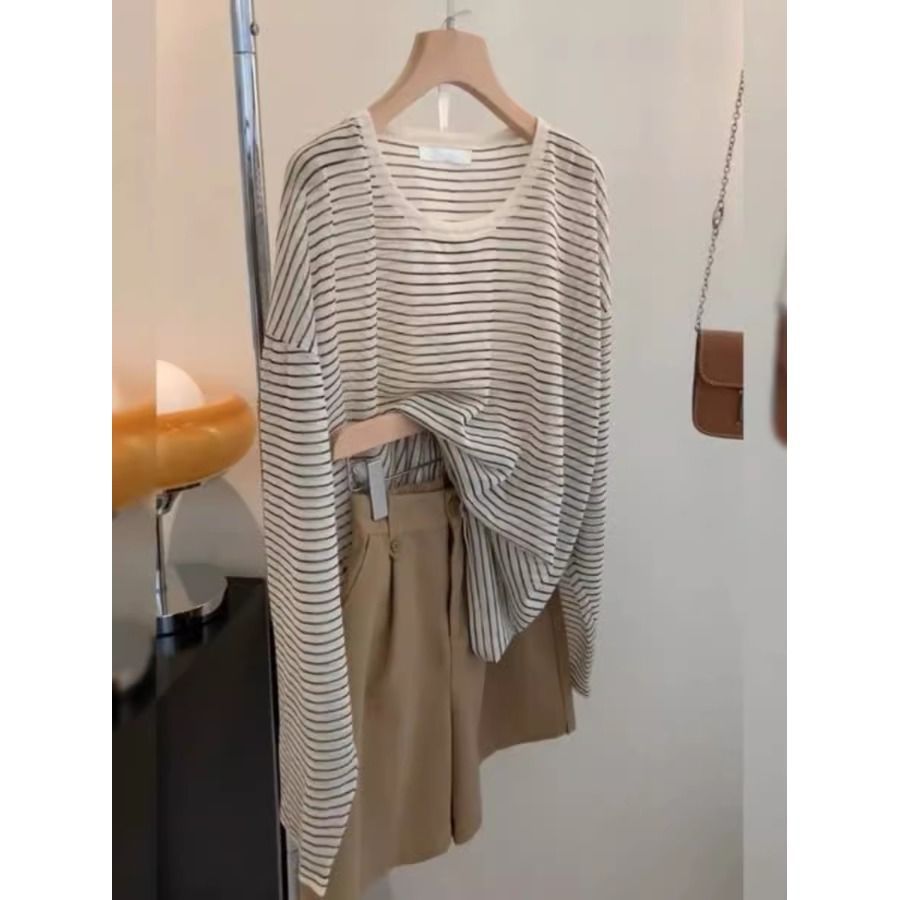 法式条纹套头长袖t恤女夏季宽松冰丝防晒空调衫薄款针织上衣罩衫