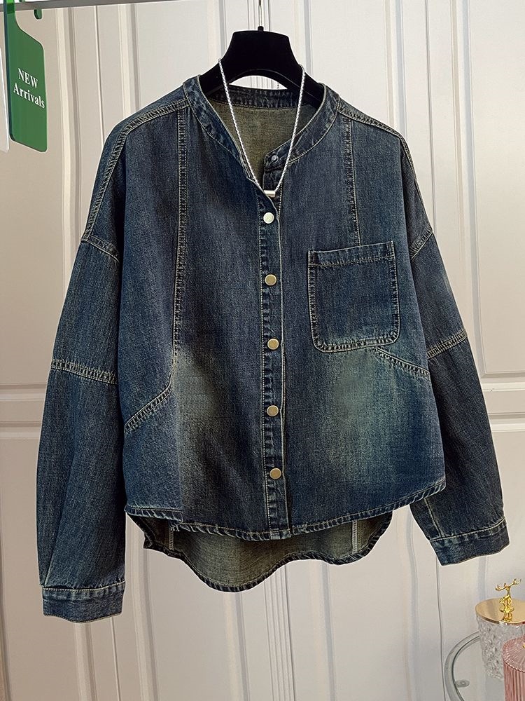 Women's stand-up collar denim shirt jacket, early autumn petite design, long-sleeved shirt, 2026 new mid-length top