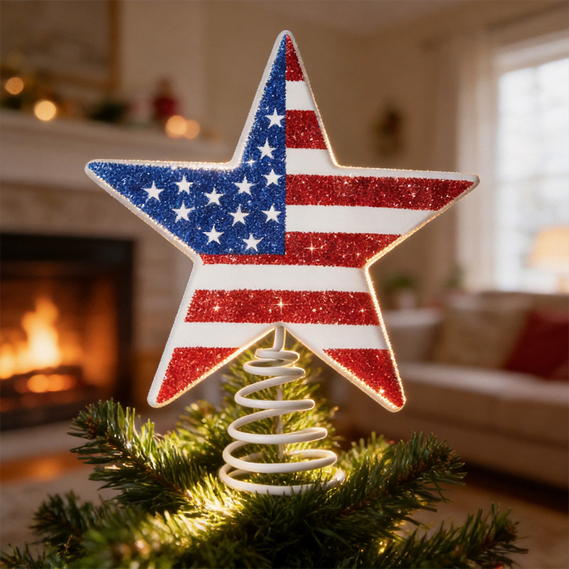 American Flag Five-Pointed Star Christmas Tree Topper Decoration Glitter Christmas Tree Star Ornament Christmas Holiday Decoration
