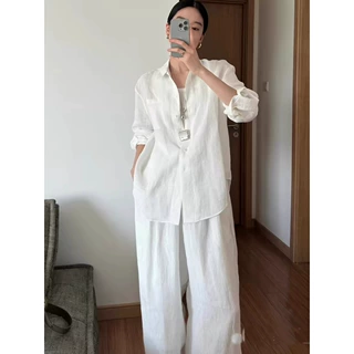 天丝亚麻白色老钱风衬衫女夏季薄款正肩宽松休闲棉麻防晒衬衣外套