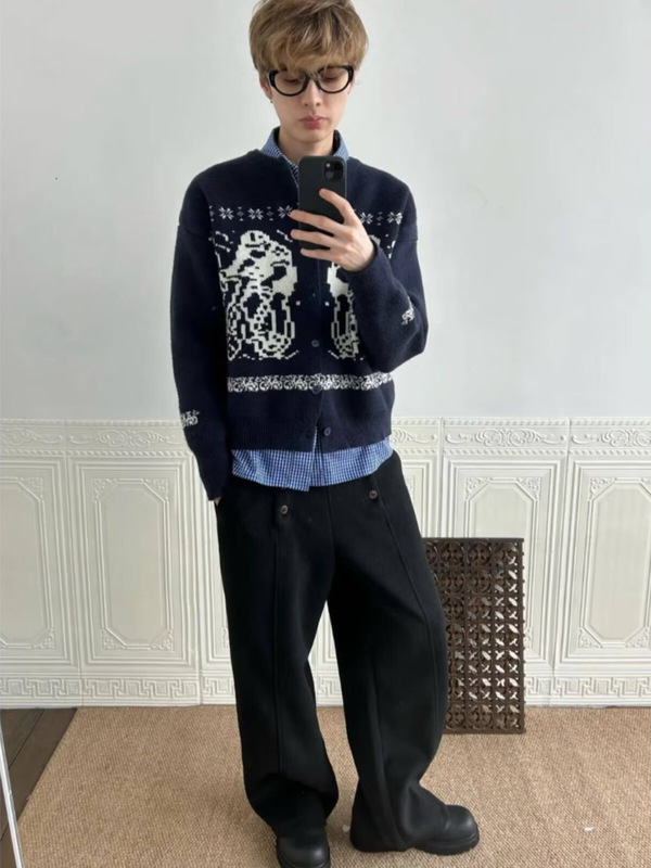 美式复古费尔岛慵懒风毛衣男秋冬季休闲宽松休闲针织情侣开衫外套|undefined