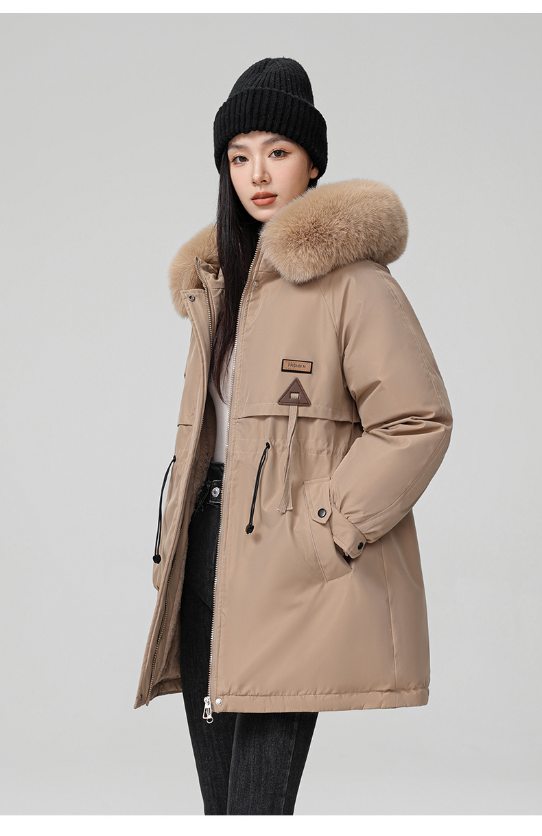 2024 foreign trade overcomes women's winter new Korean version waist cinching slimming hooded big fur collar cotton_voghion.com