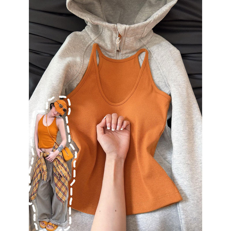 Pumpkin-colored U-neck tank top with chest pads, women's summer slim-fit stretchy camisole, sexy base top