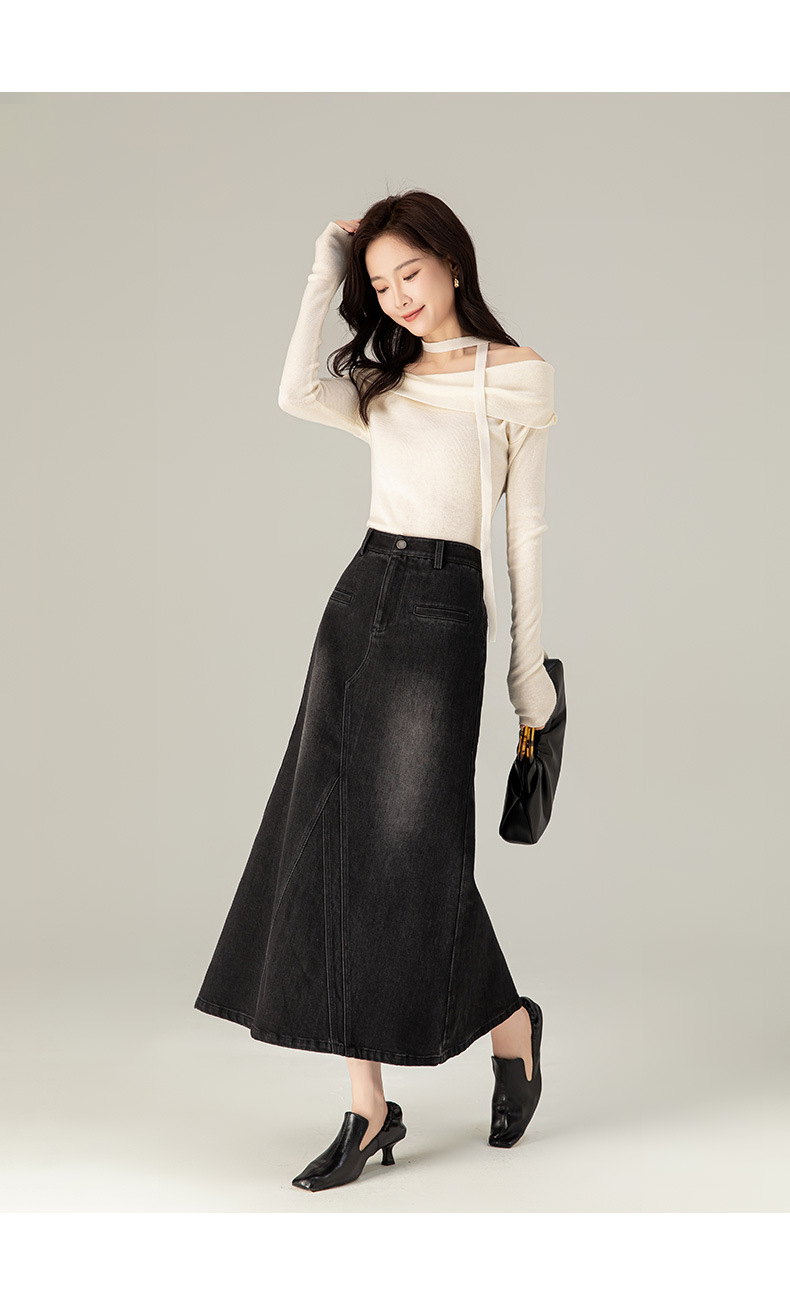 Chân váy denim đuôi cá cổ điển Mỹ, ôm dáng, dài qua gối — Đen xuyên thấu chi tiết 22