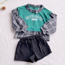 外贸日本原单尾货130 150女孩春秋中大童宽松短款上衣短裤2件套