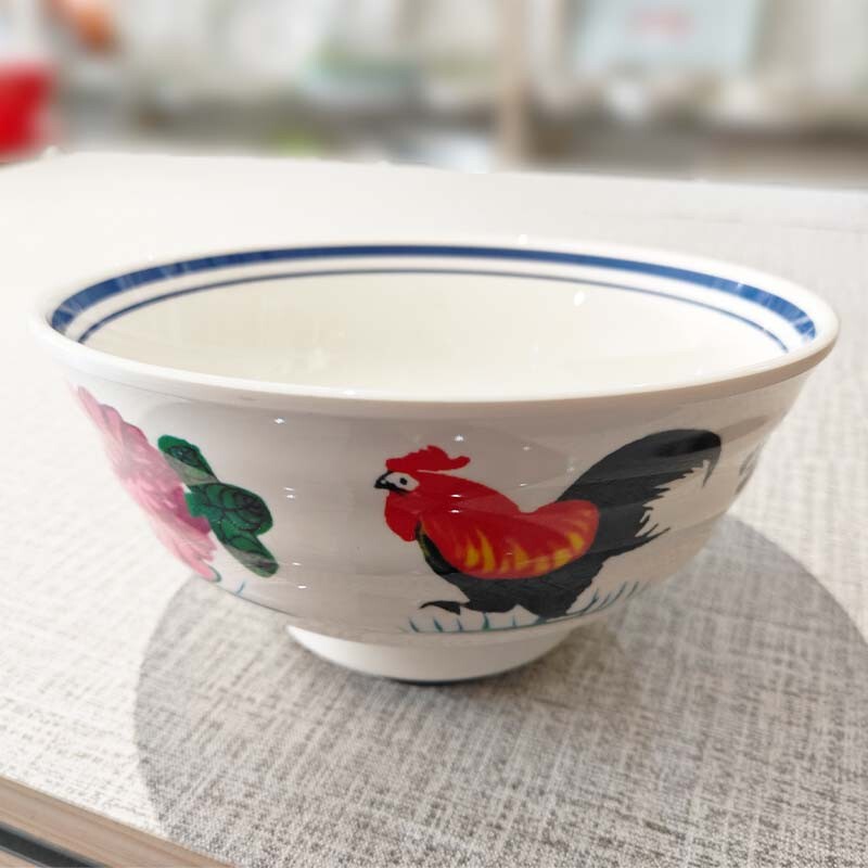 Melamine Rooster Bowl Commercial Jiaoshan Shan Same Style Raw Beef Rice Noodle Bowl Imitation Porcelain Plastic Bowl and Spoon Set