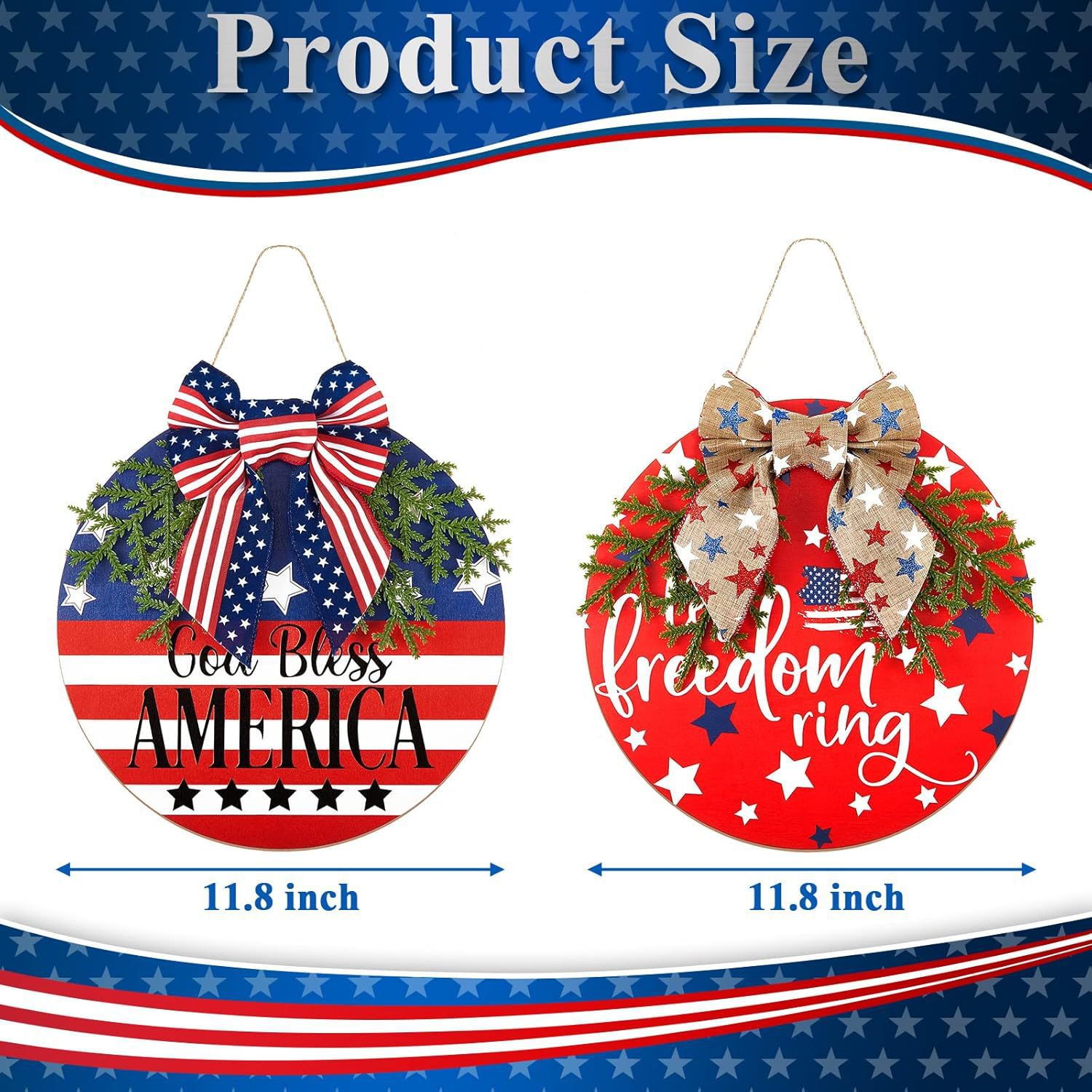 跨境美国独立日木质圆形带蝴蝶结和草挂牌门挂家居装饰墙挂